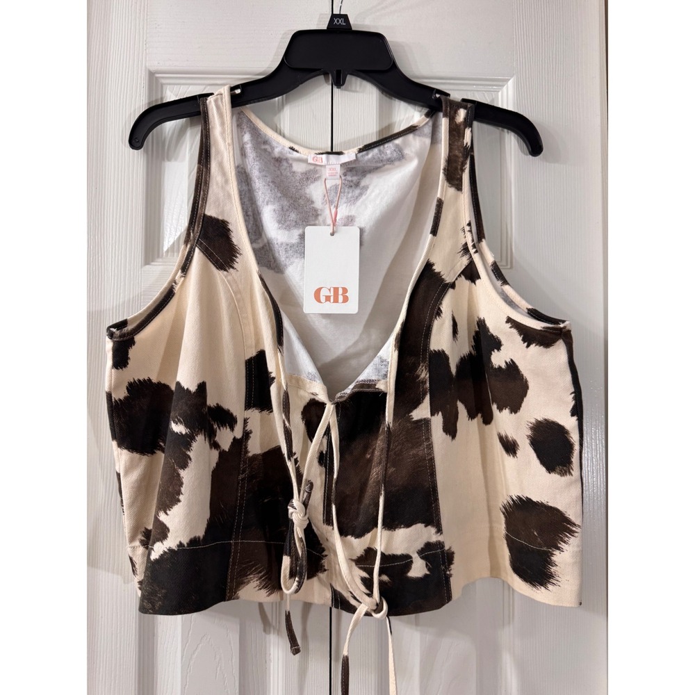 GB Gianni Bini Cow Print Lace Up Crop Top Brown Cream Sleeveless XXL NWT